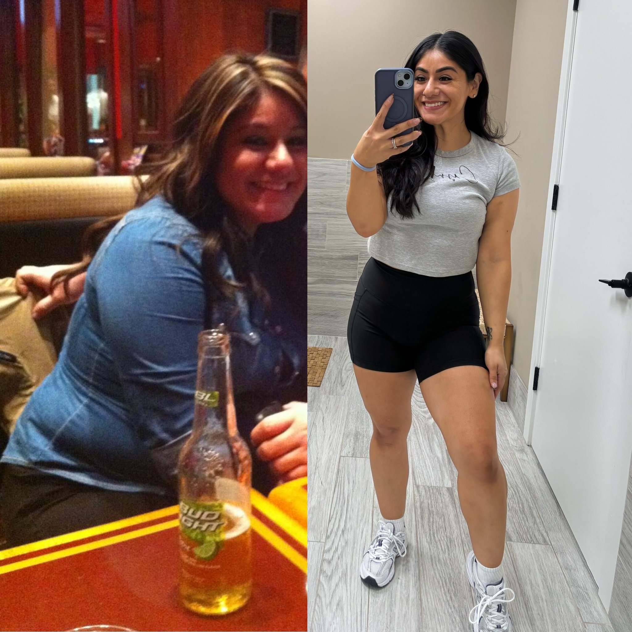 Cynthia’s before and after comparison: an earlier restaurant photo on the left and a recent gym mirror photo in a gray CynFit shirt on the right