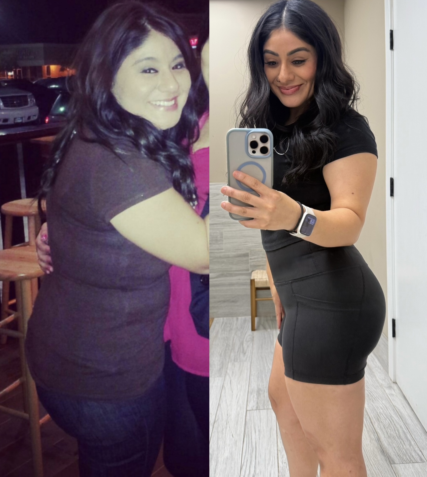 Cynthia’s before and after comparison: an earlier photo in a dark dress on the left and a recent gym mirror photo in black workout clothes on the right