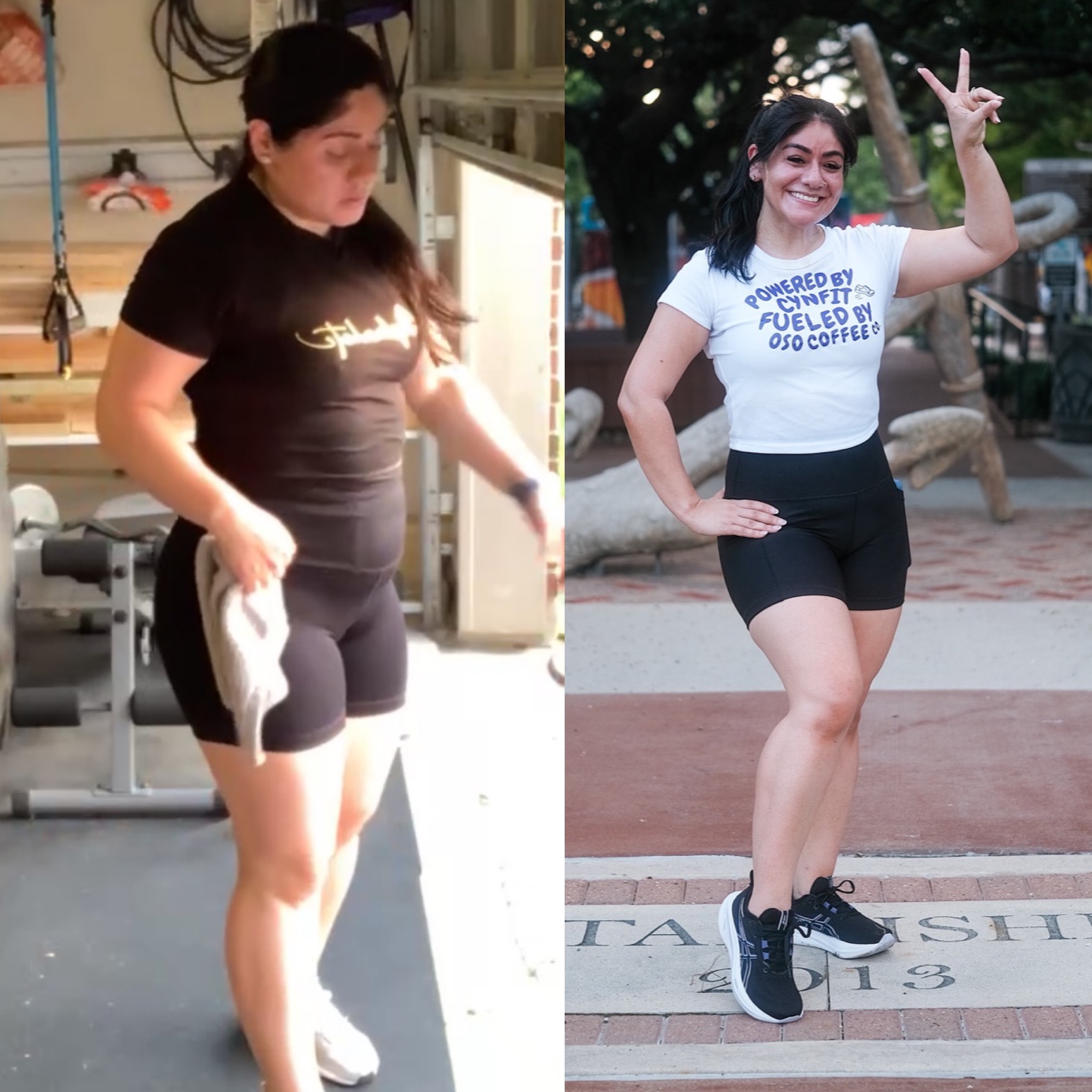 Cynthia’s before and after comparison: an earlier training photo on the left and a recent outdoor photo in a white CynFit shirt on the right